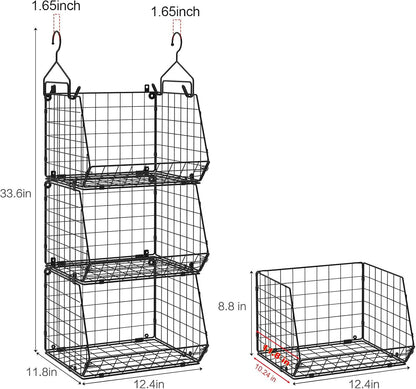 X-cosrack 3-Tier Hanging Storage Organizer for Closet, Laundry & Utility Room | Space Saving Shelves with 1.65" Hook & 5 S-Hooks | Hanging Wire Baskets (12.4" W x 8.8" H x 10.24-11.8" D)