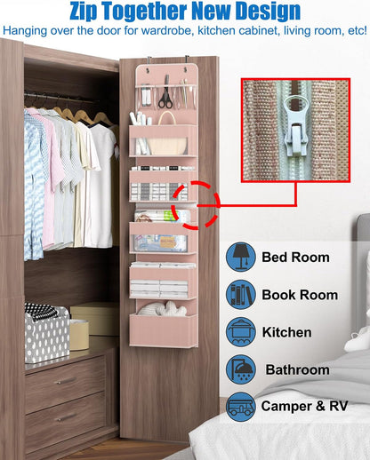 Closet Organizers and Storage, Over The Door Organizer, 6 Shelf Camper Storage, Behind The Door Storage Organizer, Wall Mount Back of Door Hanging Organizers (Pink)