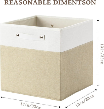 13 x 13 Inch Fine Linen Storage Bins with Handles，Fabric Cube Boxs，Collapsible Basket Organizers for Shelves for Home, Closet Drawers (White/Khaki-4 Pack)
