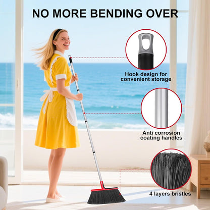 Angle Broom with 58″ Long Handle – 14″ Wide Stiff Bristles for Indoor & Outdoor Sweeping, Garage, Patio, Deck, Courtyard, Concrete, Leaves & Debris Removal
