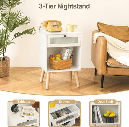 AWASEN White Night Stand, Modern Bedside Table with Glass Storage Drawer and Large Open Shelf, Wood Nightstand Side End Table with Solid Wood Legs for Bedroom, and Small Space, White