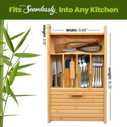 KozyKoala & Co. Bamboo Drawer Organizer with Sliding Lid - 5 Slot Kitchen Drawer Organizer & Utensil Holder - Wood Bamboo Cutlery Tray for Flatware, Gadgets & Multipurpose Storage for Home & Office