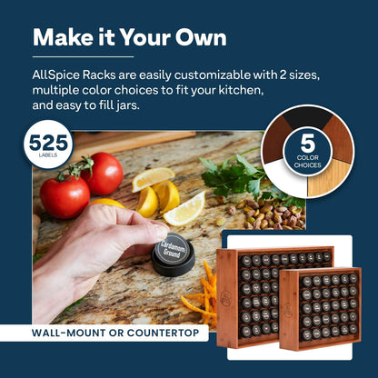 AllSpice Spice Rack Organizer, Wood, 525 Unique Labels, Countertop or Wall Mount, Includes 60 4oz Jars- Cherry Stain