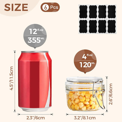 ComSaf 4oz Small Airtight Glass Jars Set of 6 with Lids Food Storage Jar Round, Mason Jar, Mini Storage Container with Clear Preserving Seal Wire Clip Fastening for Kitchen Canning, Jam, Spice, Honey