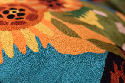 Turquoise Van Gogh Sunflower Pillow Cover Teal Floral Sofa Pillowcase Flower Chair Cushion Accent Throw Flowery Outdoor Pillows Farmhouse Couch Handmade Wool Size 18x18