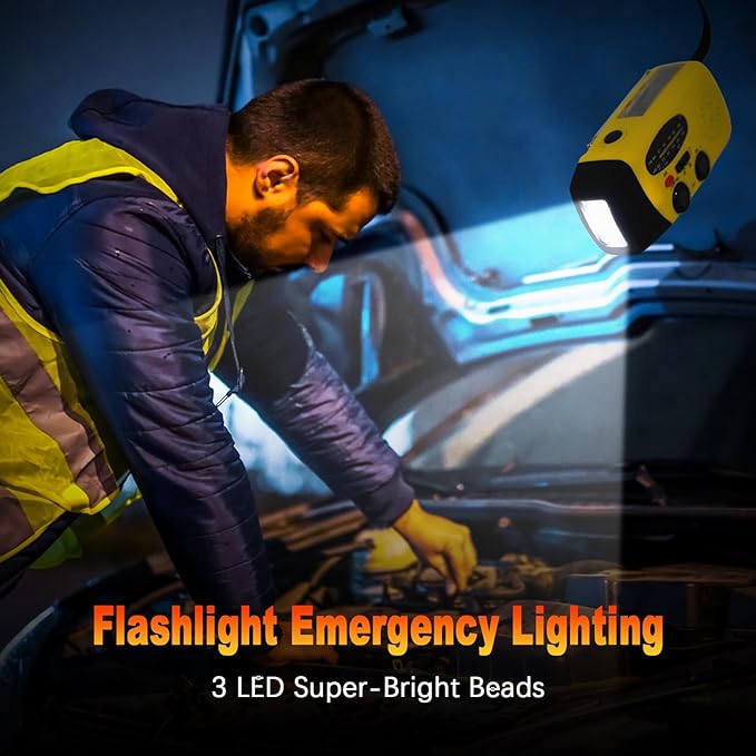 2000mAh Wind Up Radio, Portable Solar Emergency Radio with SOS Alarm, AM FM Weather and Torch, for Power Outage Camping Hiking (Yellow)