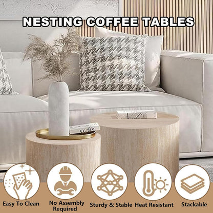 Nesting Coffee Table Set of 2 Modern Small Round Coffee Table and End Table Sets Wooden Drum Side Tables Circle Accent Center Tables for Living Room Apartment,No Assembly,Travertine