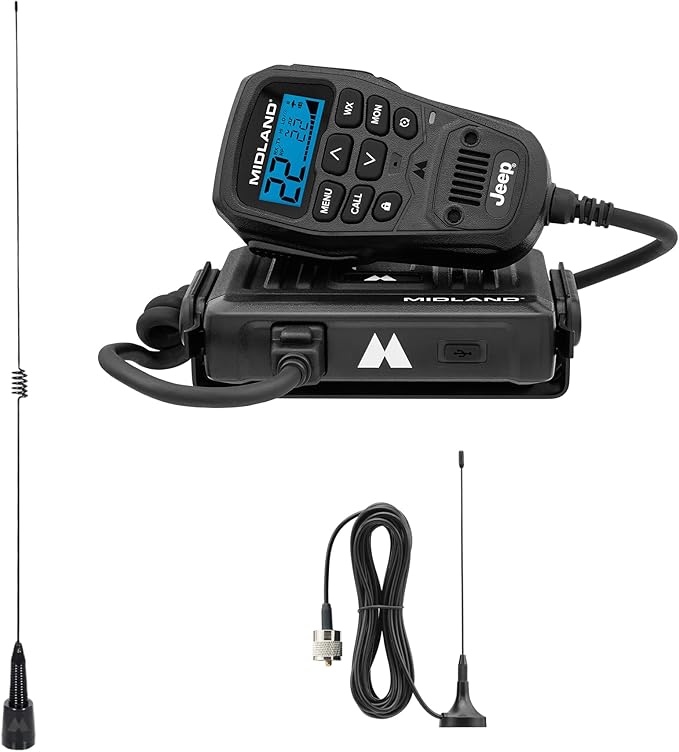 Midland MXT275 MicroMobile Two-Way GMRS Radio & MXTA26 6dB Gain Whip Antenna – Long-Range Vehicle Communication with NOAA Weather Alerts, External Antenna for Maximum Performance