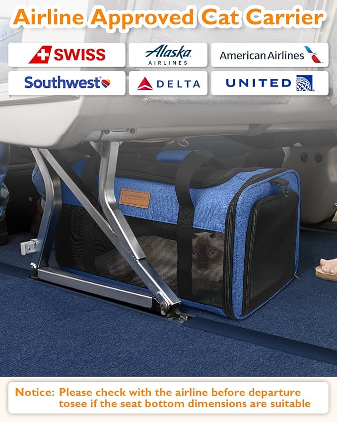 PETUX TSA Approved Pet Carrier in Cabin - 17"x11"x9.5", Underseat, Soft Sided Cat Carriers with Safety Zippers and Anti-Scratch Mesh for Small Cat up to 12 lb, Ideal for Travel and Vet Visit, Blue