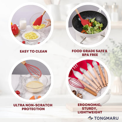 Silicone Cooking Utensils Set, Premium Beech Wood Handle Kitchen Gadgets Utensil Set, Non-Stick Kitchen Utensils Spatula, Tongs, Turner, Whisk, Brush, Spoon, BPA FREE, 446°F Resistant (Red)