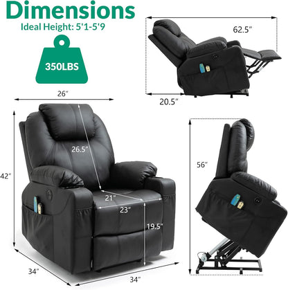 VIVIJASON Power Lift Chair Electric Recliner for Elderly Heated Vibration Massage Faux Leather Recliner Chair with 2 Remote Controls, Cup Holders, Side Pockets & USB Ports for Living Room (Black)