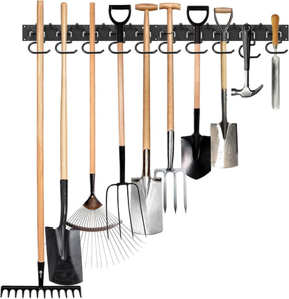 34 Inch Garden Tool Organizer Wall Mount with Non Slip Rubber Coated Metal Hooks, Storage Rack for Indoor/Outdoor Shovel, Rake, Mop and Broom Holder Wall Mount （ 10 Hooks+10 Holders