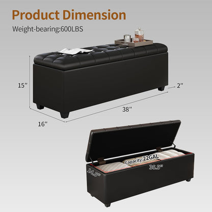 Ottoman with Storage 38 inches, Furniture End of Bed Storage Benches, Long Ottomans Bench with hinged lid, Bench seat Trunk for Foot Rest in Bedroom, Living Room (Black)