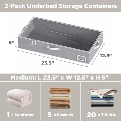 Under Bed Storage Containers, 2-Pack Underbed Storage Box, Collapsible Clothes Storage Bins with Handles and Lid, Large Under Bed Organizers for Shoe, Blanket, Toy, Pillow, Sheet, Gray