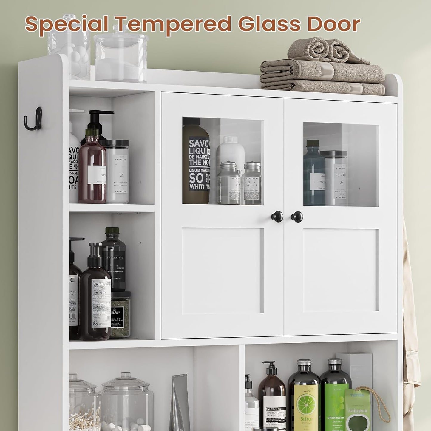 Itaar Over The Toilet Storage Cabinet, Over Toilet Bathroom Organizer with Glass Doors & Toilet Paper Holder Stand, Home Space-Saving Toilet Rack, for Bathroom, Restroom, Laundry(White)