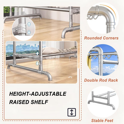 Clothes Drying Rack with Windproof Hooks, 78.7 inch Adjustable Heavy Duty Laundry Drying Rack, Free Standing Metal Clothes Rack, for Indoor Outdoor