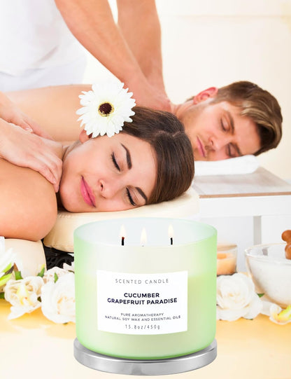 Cucumber Grapefruit Paradise 3-Wick Scented Candle | Large Soy Candle for Home 15.8 oz | Fresh Fruity Citrus Summer Aromatherapy Candle, Long Lasting Stress Relief & Relaxation Candles for Men & Women