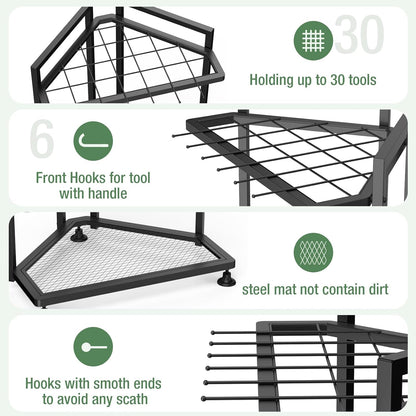Garden Tool Organizer for Corner,Metal Yard Tool Organizer for Long-Handled Tools/Rakes/Brooms,Side Garden Pocket,Heavy Duty Steel Yard Tool Storage Rack for Garage,Shed, Outdoor