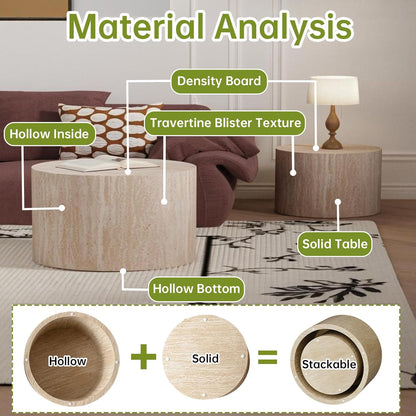 Round Nesting Coffee Tables Modern Travertine Coffee Table Small Round Coffee Tables Circular Side Table Accent End Table Nested Coffee Table Set for Living Room (Travertine Large)