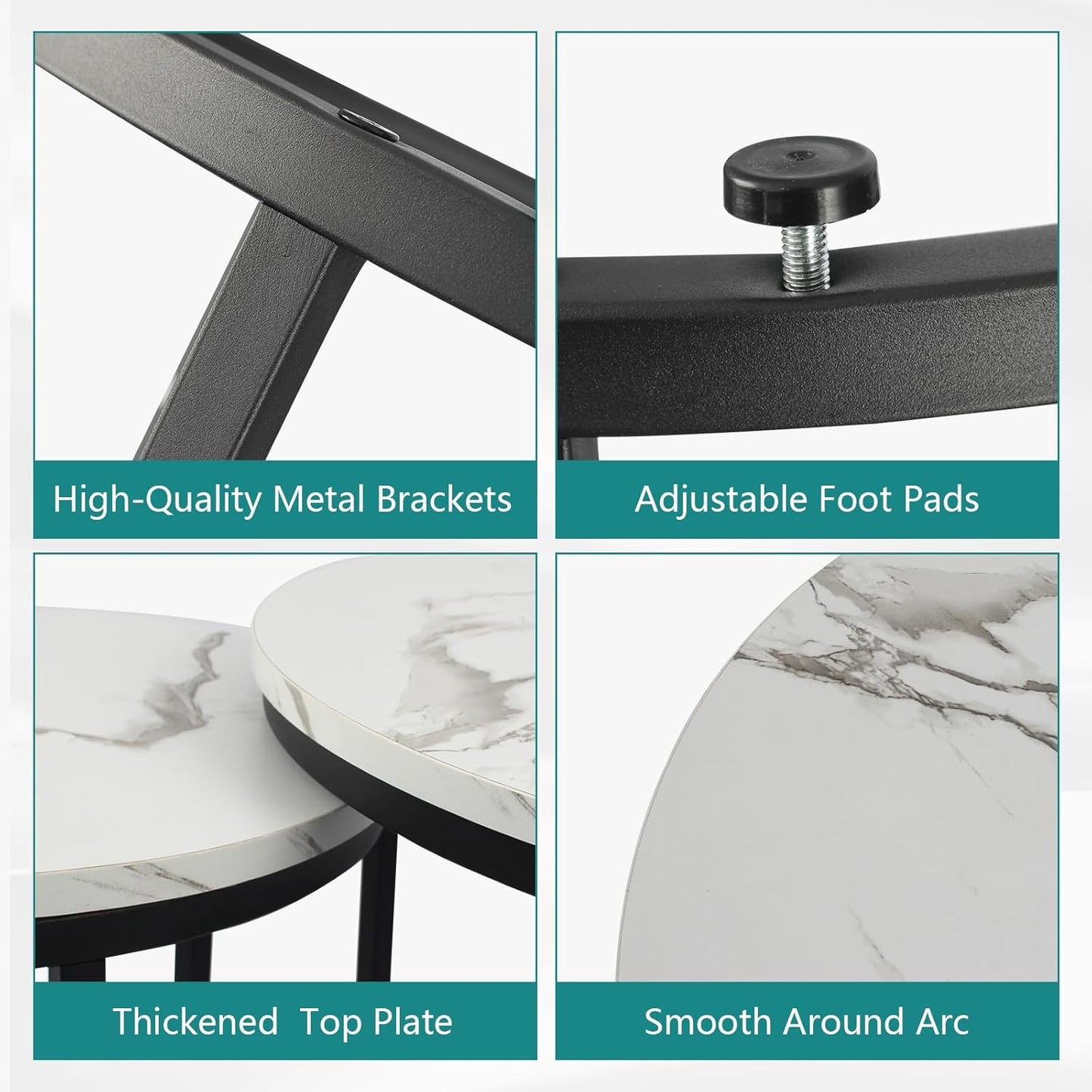 Smuxee White Nesting Coffee Table Set of 2, 23.6" Round Coffee Table Wood Grain Top with Adjustable Non-Slip Feet, Industrial End Table Side Tables for Living Room Bedroom Balcony Yard