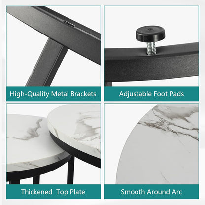 Smuxee White Nesting Coffee Table Set of 2, 23.6" Round Coffee Table Wood Grain Top with Adjustable Non-Slip Feet, Industrial End Table Side Tables for Living Room Bedroom Balcony Yard