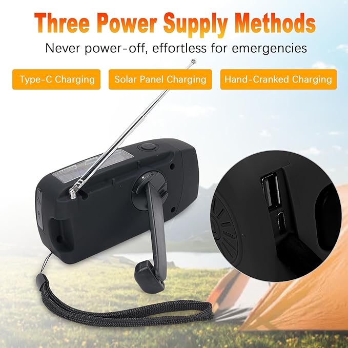 2000mAh Wind Up Radio, Portable Solar Emergency Radio with SOS Alarm, AM FM Weather and Torch, for Power Outage Camping Hiking (Black)