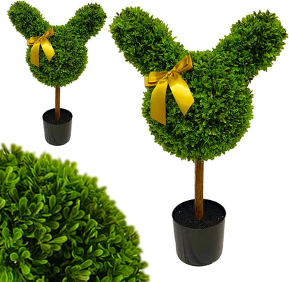 2 Pcs Artificial Bunny Shaped Topiary Trees, Artificial Green Boxwood Bunny Decorations with Gold Bow, Perfect for Indoor & Outdoor Front Porch, Easter& Garden Decor (Bunny Shaped Topiary Tree)
