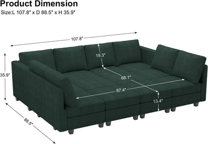Belffin Oversized 12 Seat Modular Sectional Sleeper Sofa Convertible Sleeper Sectional Sofa with Storage Seat Large Corduroy Modular Couch for Living Room Green