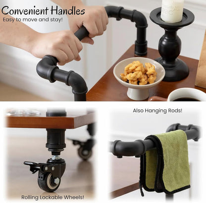 Industrial Pipe Bar Carts/Serving Carts/Kitchen Carts/Wine Rack Carts on Wheels with Shelves - Wood Rolling Carts - Wine Tea Liquor Shelves/Holder - Home Furniture (Two tiers pipe wood bar cart)