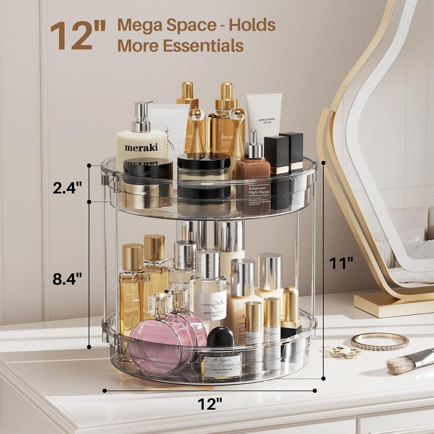 LAMU 12 inch 2 Tier Lazy Susan Turntable Organizer Rotating Spice Rack Organization for Cabinet, Kitchen, Pantry, Countertop, Bathroom, Vanity, Medicine Cabinet Organizer, Grey