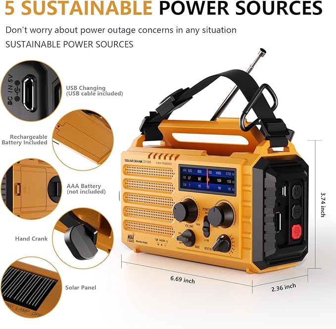 Emergency Weather Radio, 5 Ways Powered Crank Solar Radio, Portable AM/FM/SW/NOAA Weather Radio Battery Operated with Cellphone Charger, Camping Flashlight, Reading Lamp, SOS Alarm for Home Outdoor