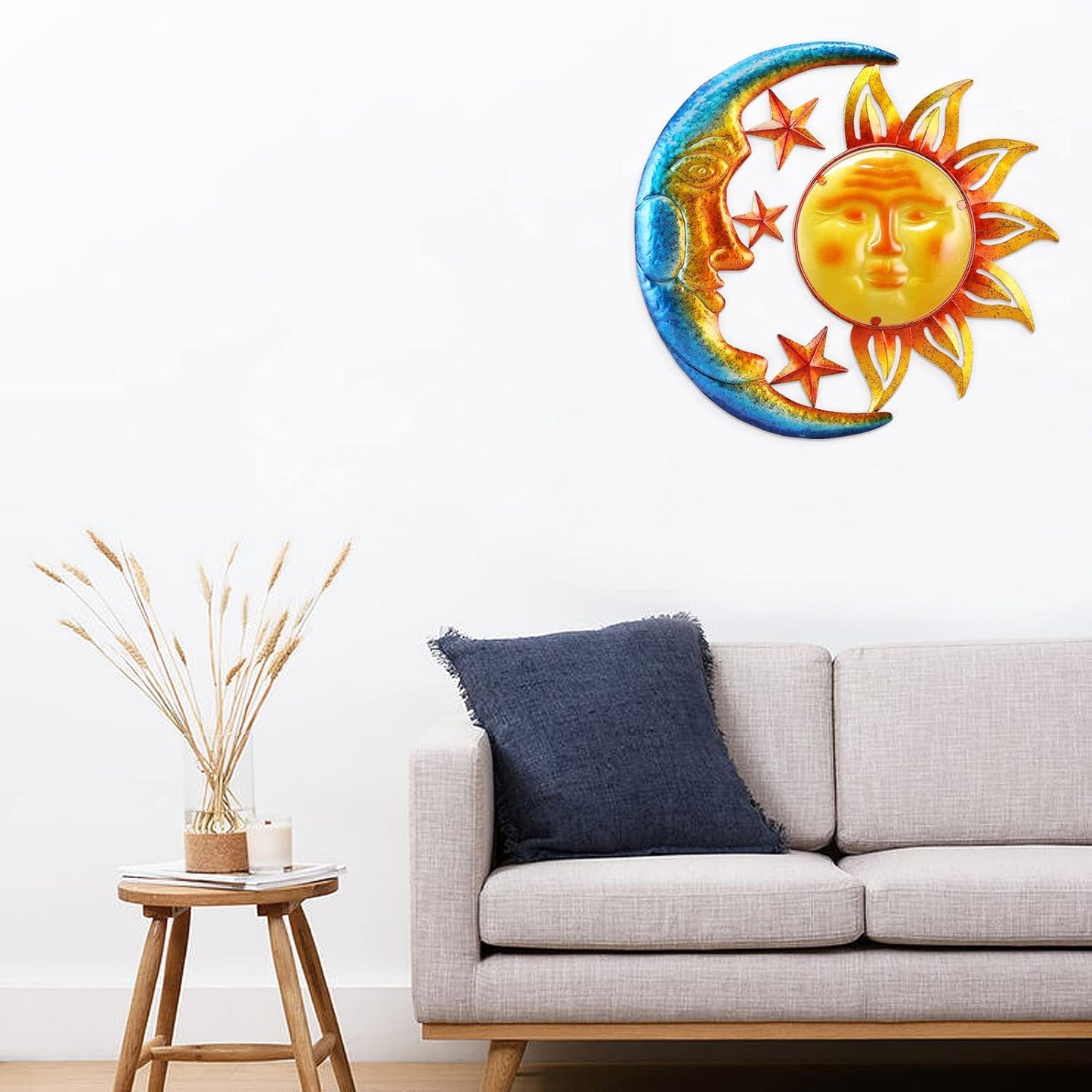 Metal Sun Outdoor Wall Art Decor Large 18 Inch with Moon & Stars, Hanging for Indoor Outdoor Patio Garden Fence Deck Yard Pool Wall Sculpture Decoration for Living Room Bedroom Colorful