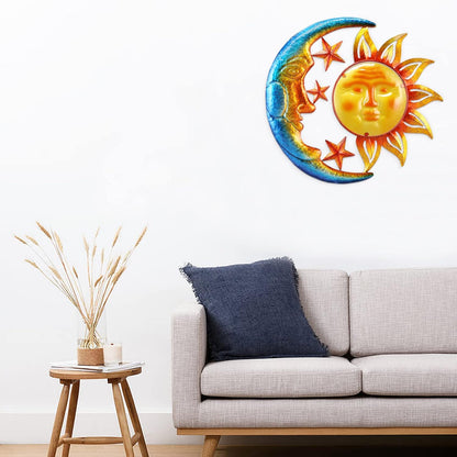 Metal Sun Outdoor Wall Art Decor Large 18 Inch with Moon & Stars, Hanging for Indoor Outdoor Patio Garden Fence Deck Yard Pool Wall Sculpture Decoration for Living Room Bedroom Colorful