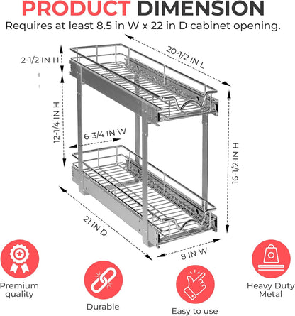 HOLDN’ STORAGE Two Tier Pull Out Cabinet Organizer, Individual Sliding Drawers - Heavy Duty Metal with Lifetime Limited Warranty - Anti Rust Chrome Finish - 8.5" W x 21”D x 16.5" H