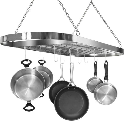 Sorbus® Pot and Pan Rack for Ceiling with Hooks — Decorative Oval Mounted Storage Rack — Multi-Purpose Organizer for Home, Restaurant, Kitchen Cookware, Utensils, Books, Household (Hanging Chrome)