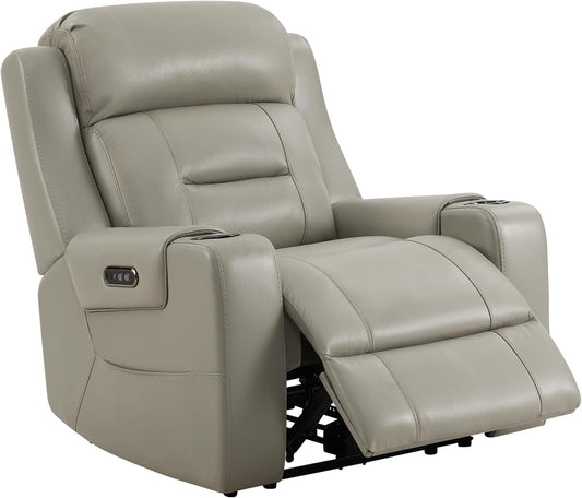 Watson & Whitely Genuine Leather Power Recliner Chairs for Adults, Lay Flat Recliner with Power Headrest, USB Ports and Cup Holders, Electric Reclining Sofa for Living Room, Bedroom, Grey