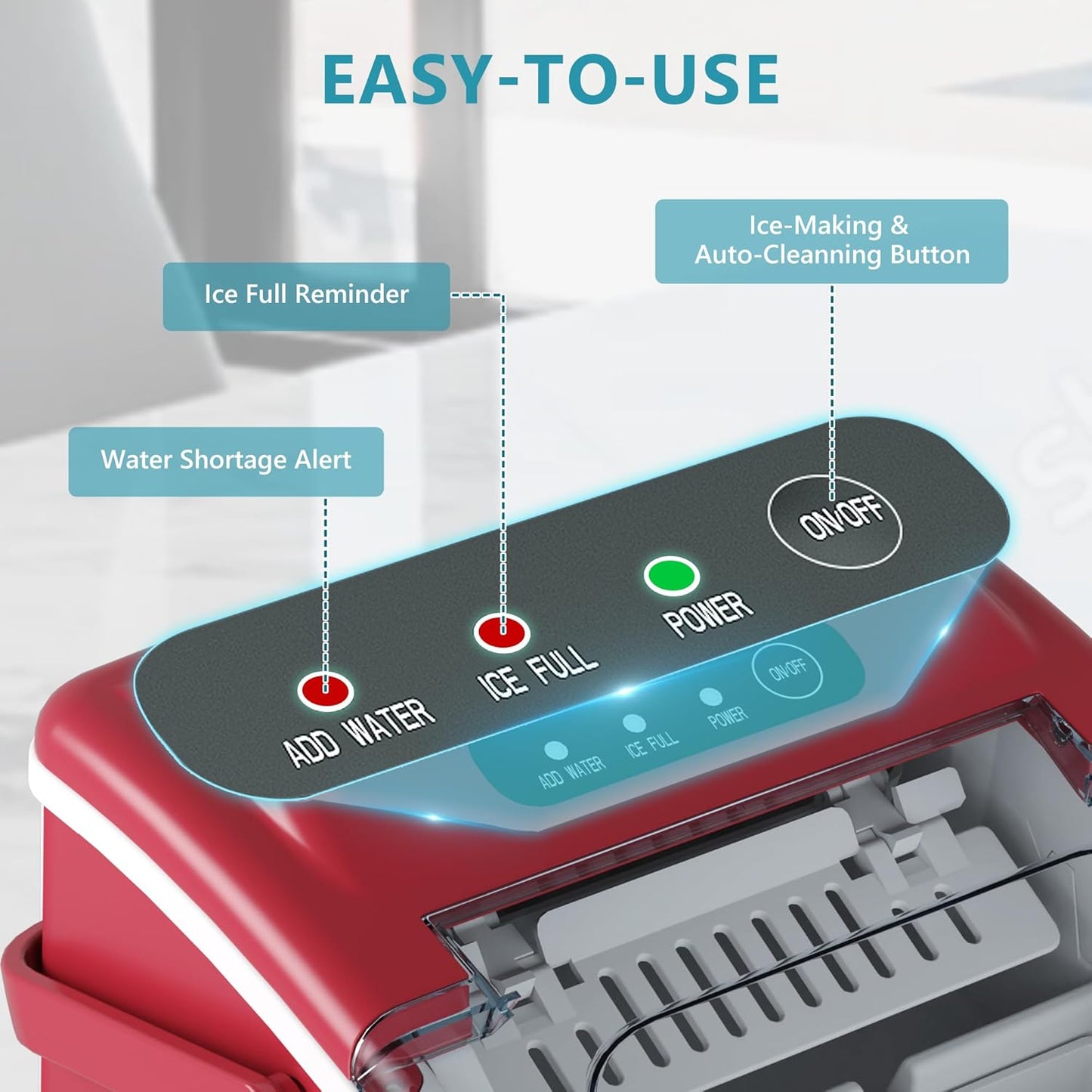 EUHOMY Countertop Ice Maker Machine with Handle, 26lbs Per Day, 9 Ice Cubes Ready in 6 Mins, Auto-Cleaning Portable Ice Maker with Basket and Scoop, for Home/Kitchen/Camping/RV (Red)
