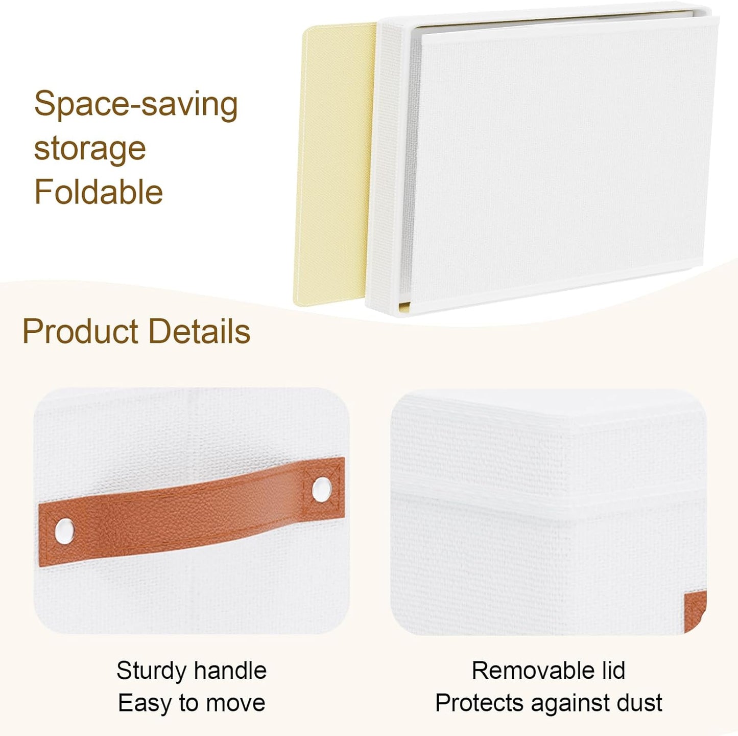 Fabric Storage Bins, 7.1 x 9.1 x 13 Inch Clothes Boxes for Shelves with Lids, Baskets for Organizing with Handles, Decorative Linen Closet Organizers, White, 3 Pack