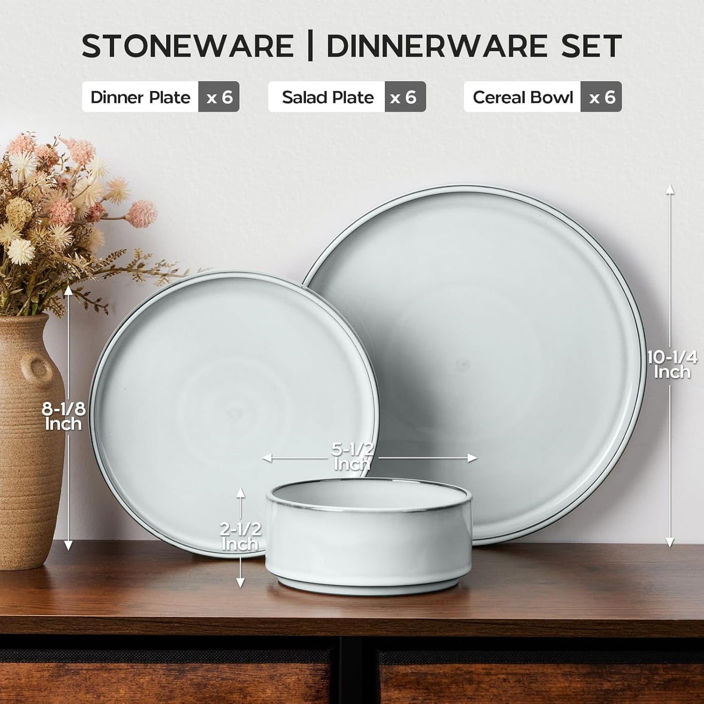 Onader Ceramic Dinnerware Sets for 6, Stoneware Plates and Bowls with Rustic Terracotta Bottom, Elegant Kitchen Dinner Dish Set, 18-Piece Dishware Tableware - Glacier White