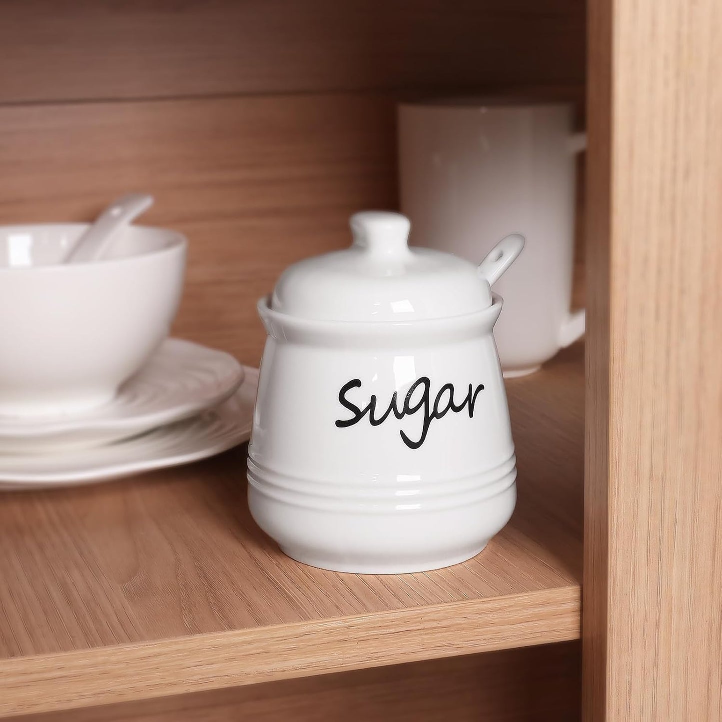 HAOTOP 12oz Sugar Bowl with Lid and Spoon,Ceramic Sugar Jar Sugar Dispenser Sugar Container Coffee Bar Accessories, Kitchen Countertop Canisters, White