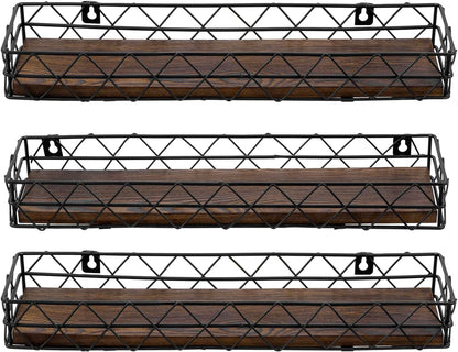 MyGift 14 Inch Wall Mounted Kitchen Spice Racks, Rustic Burnt Solid Wood and Black Metal Wire Geometric Hanging Organizers for Seasoning Jars or Condiment Bottles, Set of 3