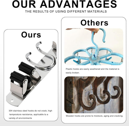 Mop Broom Holder Wall Mount, Silver Stainless Steel Tool Storage Organizer for Kitchen Garden Garage Laundry Room Bathroom and RV with 4 Slots 6 Hooks