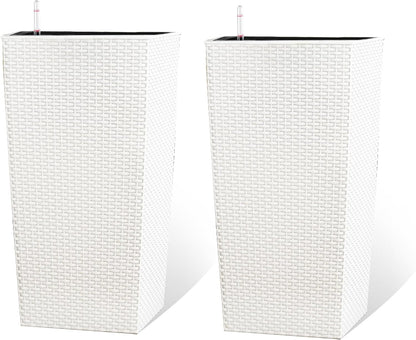 2Pcs 23in High Large Plant Pots Planter-Self-Watering,Modern Planter with Drain Holes,Water Level Monitor,Inner Bucket for Indoor/Outdoor Front Porch Patio,White Rattan