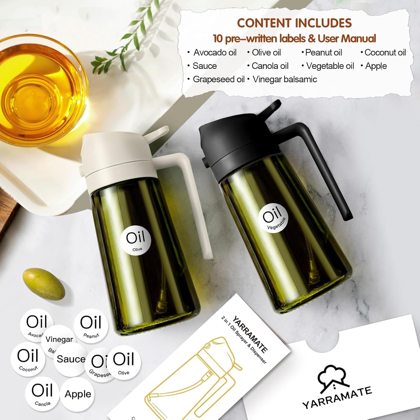 YARRAMATE 2PCS 16oz/470ml Oil Sprayer for Cooking with Stickers, Food-Grade 2 in 1 Olive Oil Dispenser Bottle for Kitchen, Premium Dark Green Glass Oil Bottle for Air Fryer, BBQ(White & Orange)