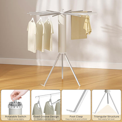 Tripod Clothes Drying Rack, Garment Rack Portable and Foldable Space Saving Laundry Drying Rack - Dryer Rack Clothing Floor Folding Balcony Bedroom Household (Silver(Aluminum), 16 rods)
