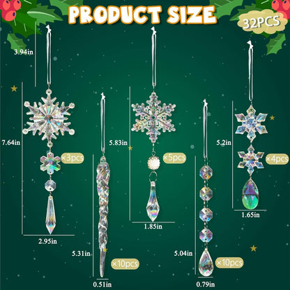32pcs Christmas Decoration Crystal Ornaments - Iridescent Christmas Tree Ornaments Acrylic Snowflakes Drop Icicle Pendants Hanging Ornaments for Xmas Tree Winter Holiday Frozen Party Decorations