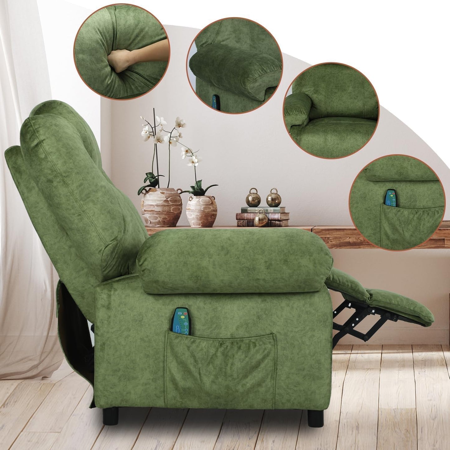 KCREAM Green Massage Recliner Chair, Small Recliners for Small Spaces, Overstuffed Recliners Living Room Chairs for Adults Fabric Manual Recliner Chairs with Heating Single Sofa Chair