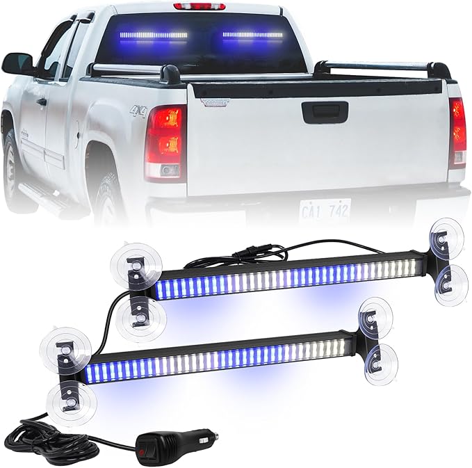XRIDONSEN 2 in 1 Blue White Emergency Traffic Advisor Light Bar 144 LED Warning Safety Strobe Interior Front Rear Dash Windshield Lights for Firefighter Police Ambulance Vehicles Trucks (2x17.7 inch)