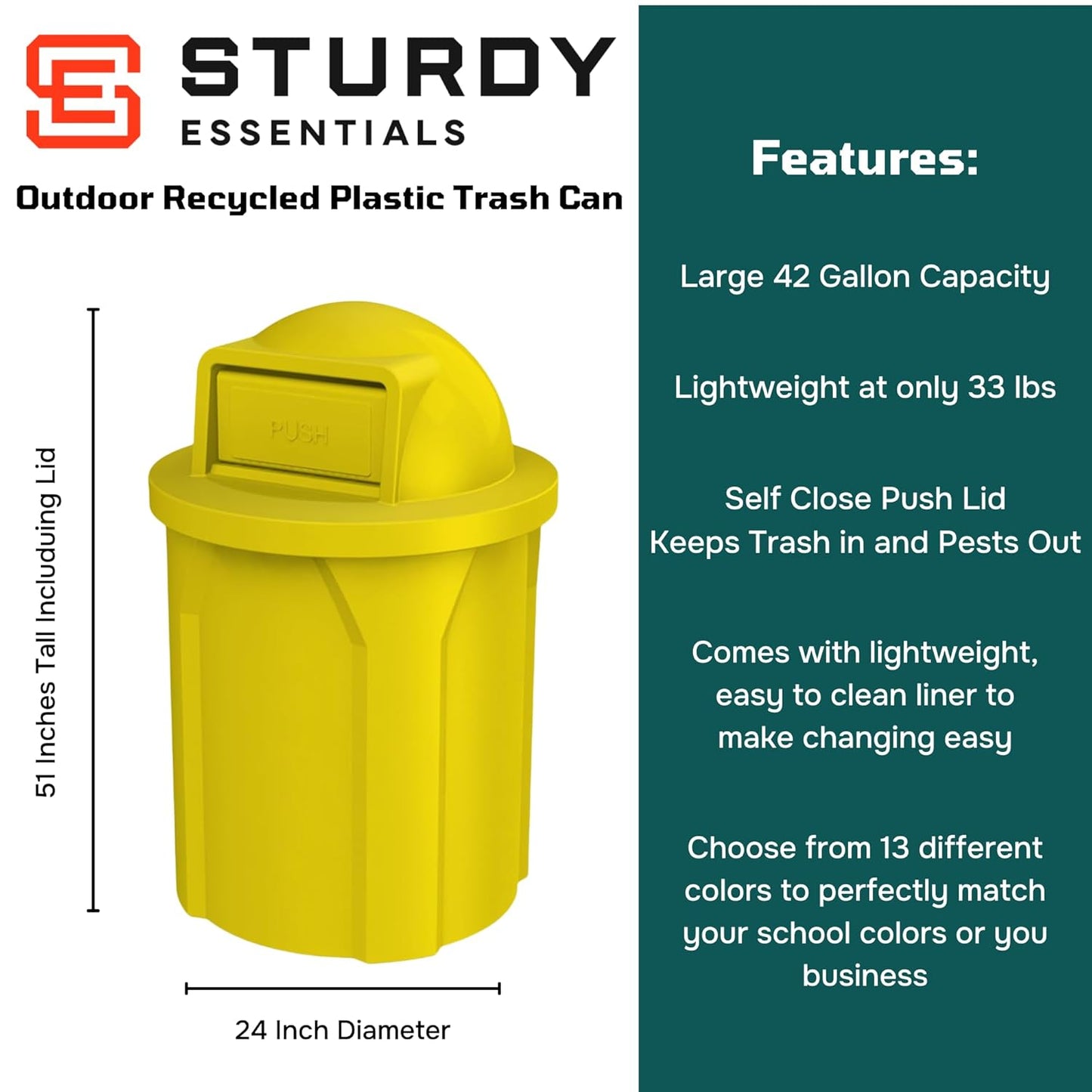 42 Gallon Circle 100% Recycled Plastic Heavy Duty Outdoor Commercial Trash Can with Push Open Dome Lid and Internal Liner | Great for Schools and Businesses - Yellow