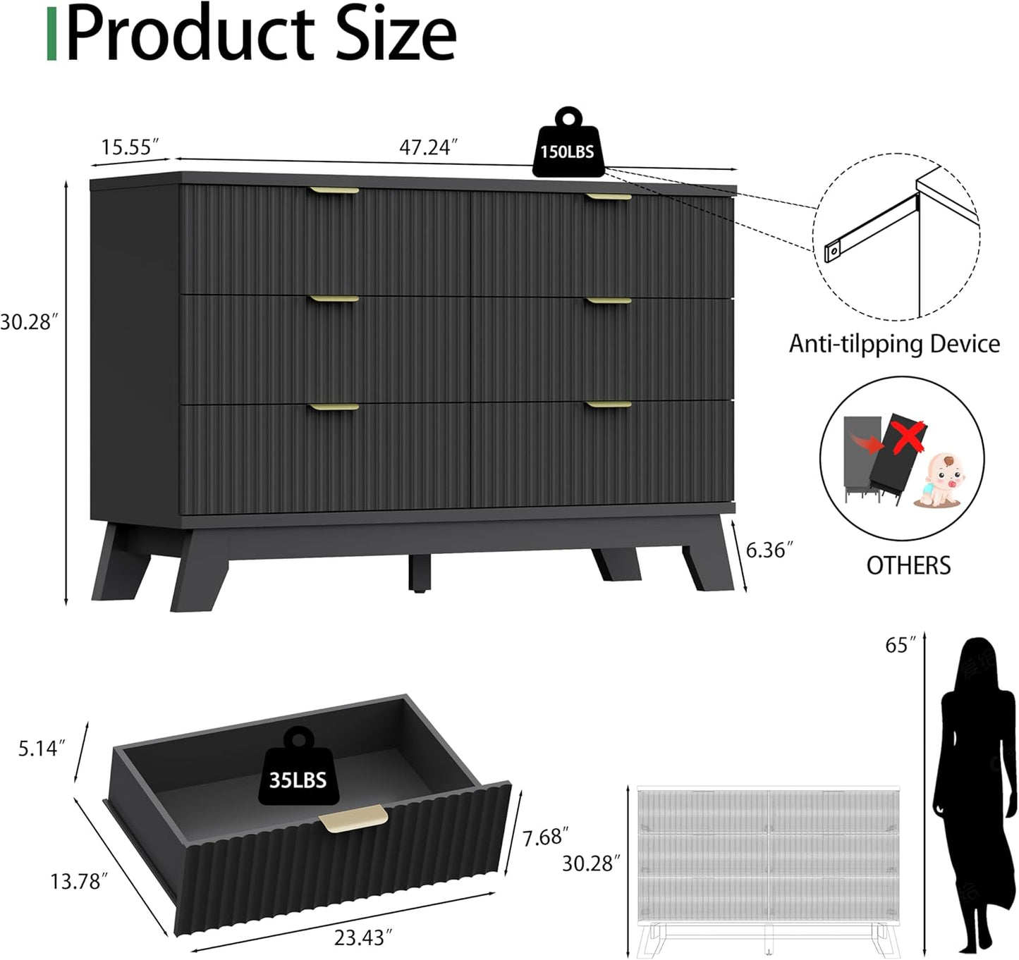Fluted Dresser for Bedroom with 6 Drawers, 48" Wide Wooden Chest of Drawers with Metal Handle, Modern Dresser TV Stand, Wood Closet Clothes Storage Organizer for Living Room, Hallway, Black